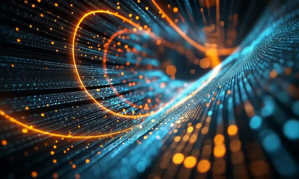Dynamic Digital Abstract: Vibrant Neon Lights in Motion Illuminating Dark Space