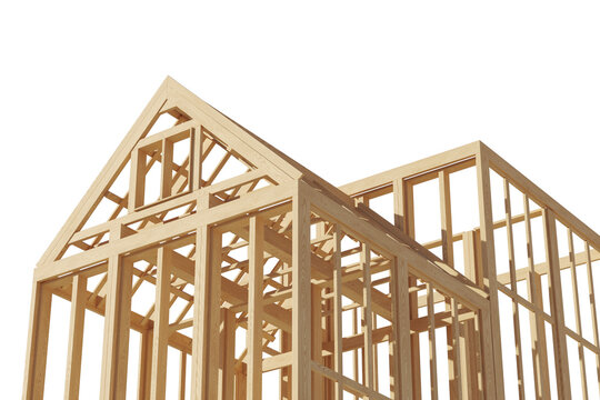 Wooden house frame in construction against a white background. Concept of building, architecture, and construction. 3D Rendering
