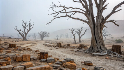Ancient petrified forest with twisted trees frozen in stone