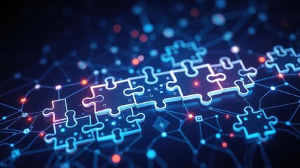 Obraz premium Glowing puzzle pieces interconnected in a digital network illustrating connectivity, problem-solving, and technology, problem-solving, connectivity