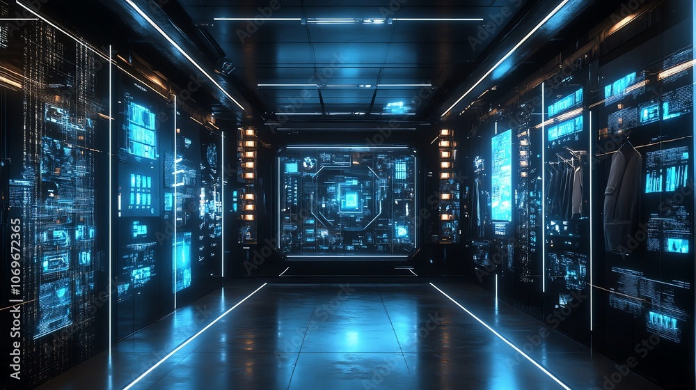 Poster Futuristic corridor with glowing screens displaying digital information and data.