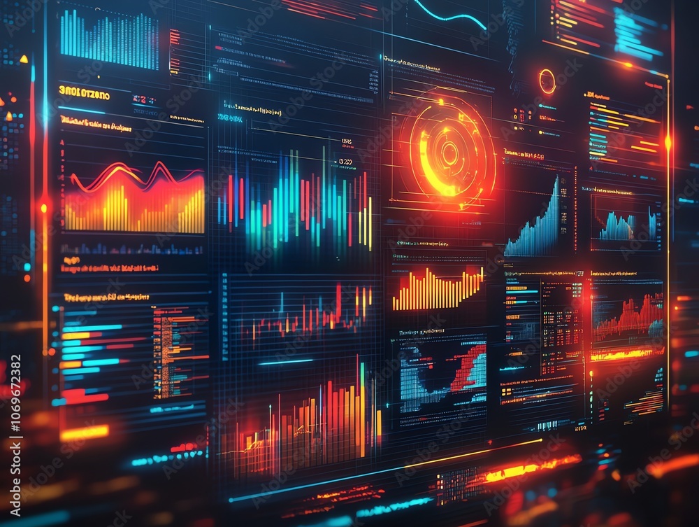 Aufkleber Futuristic digital interface with glowing graphs and data displays.