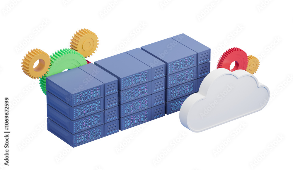 Poster cloud and servers with colorful gears on white background, concept of cloud storage and data managem