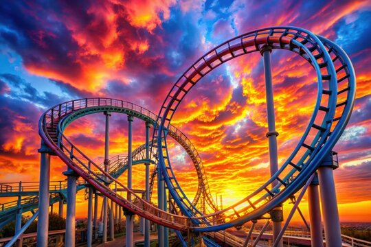 a roller coaster is shown in the sky with the sun in the background