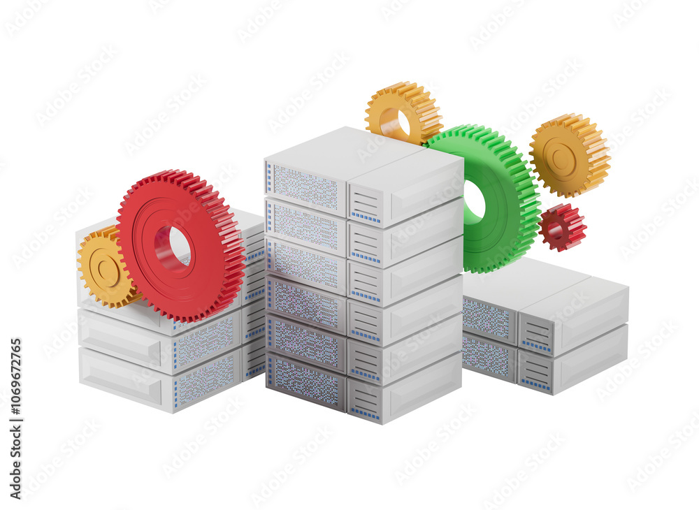 Poster multiple server racks with colorful gears on a white background. concept of technology and network i