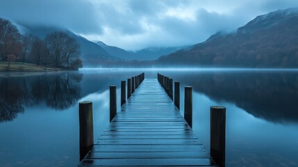 Fototapeta premium Serene Lake and Mountains with Wooden Pier