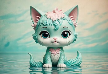 Adorable chibi mermaid cat in minimalist style