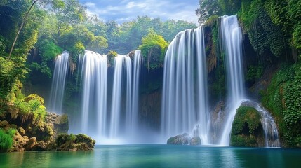 Obraz premium A stunning waterfall cascading into a serene pool surrounded by lush greenery.