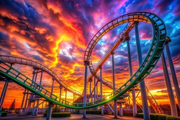 a roller coaster is shown in the sky with the sun in the background