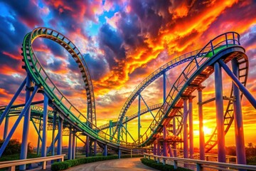Fototapeta premium a roller coaster is shown in the sky with the sun setting behind it