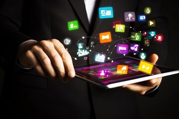 A businessman holding a tablet with social media icons floating around it.