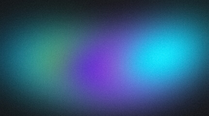 Abstract glowing color spots, spotlight grainy backdrop design. Blue purple green color, wave shaped noisy gradient on dark, vibrant color flow, bright, shine, poster, banner, header, cover