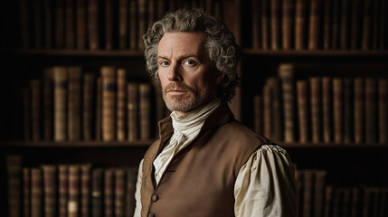 Obraz premium A gentleman in historical attire stands confidently in front of a library filled with antique books, showcasing a classic scholarly atmosphere