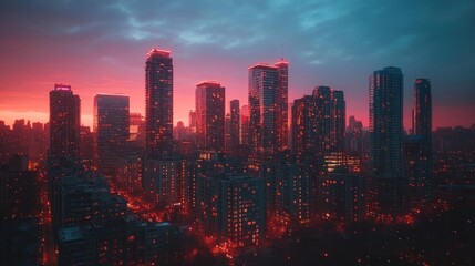 Obraz premium Cityscape at Dusk with a Vibrant Red Sky
