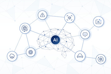 AI technology concept with AI brain neural network background. editable stroke icons vector illustration