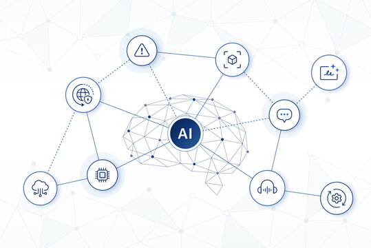 AI technology concept with AI brain neural network background. editable stroke icons vector illustration