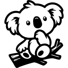 Fototapeta premium Australian stuffed koala thoughtful and holding his chin with his paw in monochrome. Simple minimalistic vector in black ink drawing on transparent background