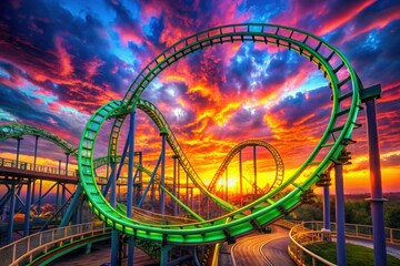 a roller coaster is shown with the sun setting behind it
