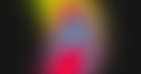 Abstract glowing color spots, spotlight grainy backdrop design. Pink red blue orange color, wave shaped noisy gradient on dark, vibrant color flow, bright, shine, poster, banner, header, cover