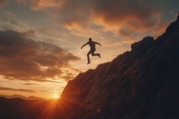 Silhouette of a man jumping off a cliff at sunset.