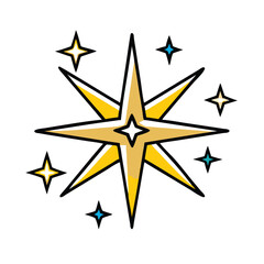 Radiant Golden Star with Sparkling Accents, Stylized golden star illustration with extended rays and surrounding sparkles, symbolizing brilliance, festivity, and elegance.
