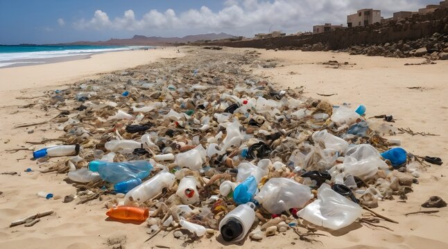 Plastic pollution on the beach at Baia Parda east coast of Sal.generative.ai