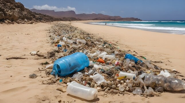 Plastic pollution on the beach at Baia Parda east coast of Sal.generative.ai