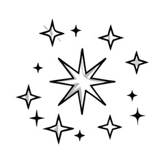 Black and White Starburst with Sparkling Accents, Monochrome illustration of a starburst surrounded by multiple sparkles, symbolizing brilliance, clarity, and decorative design.