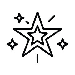 Double Star Icon with Sparkles in Line Art, Black line art of a double-layered star surrounded by sparkles, symbolizing magic, creativity, or a decorative effect.
