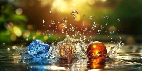 Close-up three objects body water are arranged triangular Five elements Fire