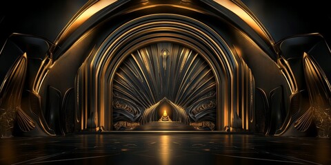 Futuristic-looking room high ceiling large archway center is 1920s Great Gatsbyinspired abstract