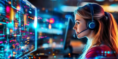 Young woman wearing headset working call center She Enhancing online customer service