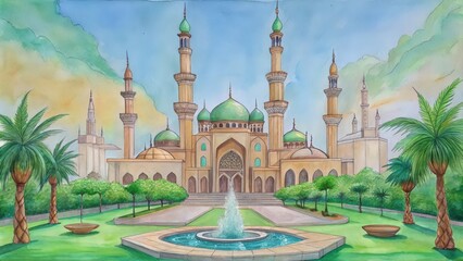 Naklejka premium Watercolor painting of a grand mosque with a fountain and palm trees in the foreground