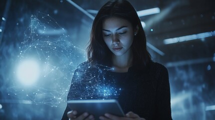 A focused woman interacts with a tablet, surrounded by glowing digital elements in a dark, futuristic setting.