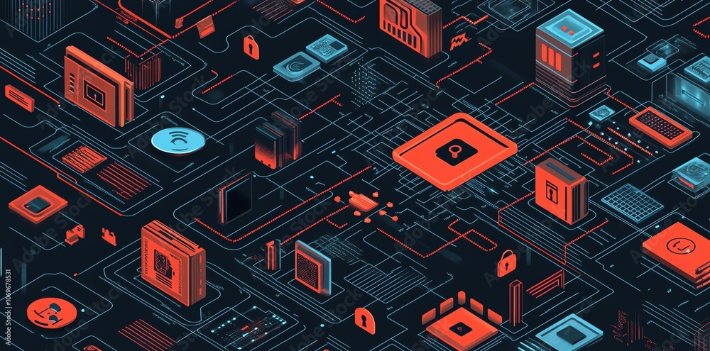 Poster isometric abstract background of a circuit board with electronic components.