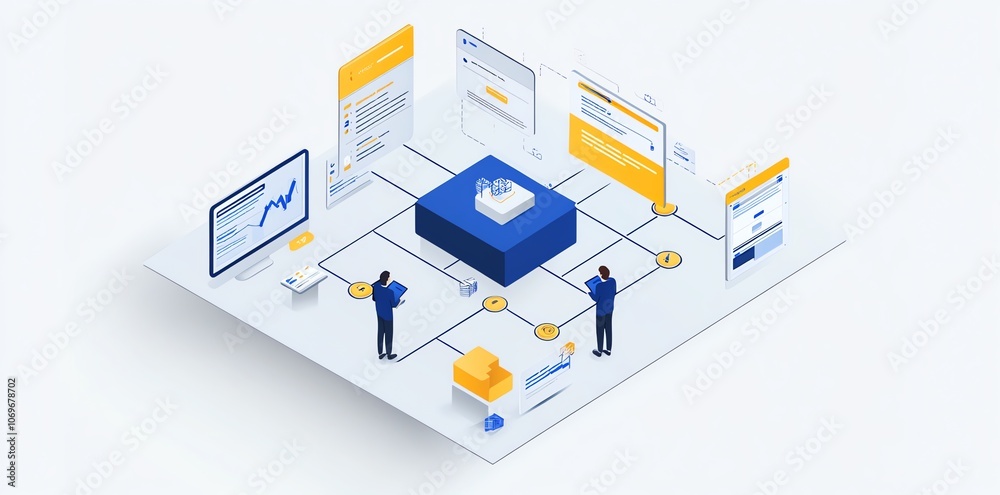 Aufkleber Isometric illustration of a data center with two men connected to network with computers and phones.