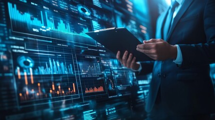 A professional analyzing data on a digital tablet, surrounded by futuristic graphics and data visualizations in a dimly lit environment.