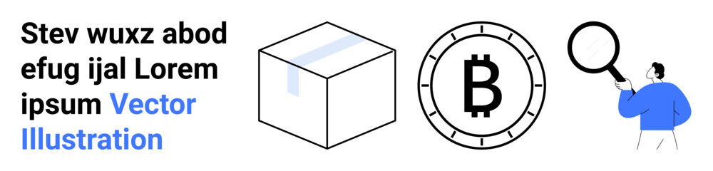 Package box, Bitcoin symbol, person with magnifying glass. Ideal for blockchain technology, cryptocurrency, research, analytics, delivery services, data exploration, finance Landing page