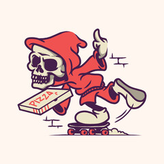 Skateboard Skull Pizza Fun Character Vector Illustration