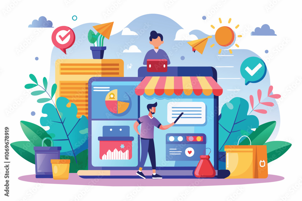 Poster man using laptop to manage online store with analytics and data