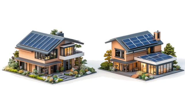 Modern Houses Equipped With Solar Panels on a Transparent Background Generative AI