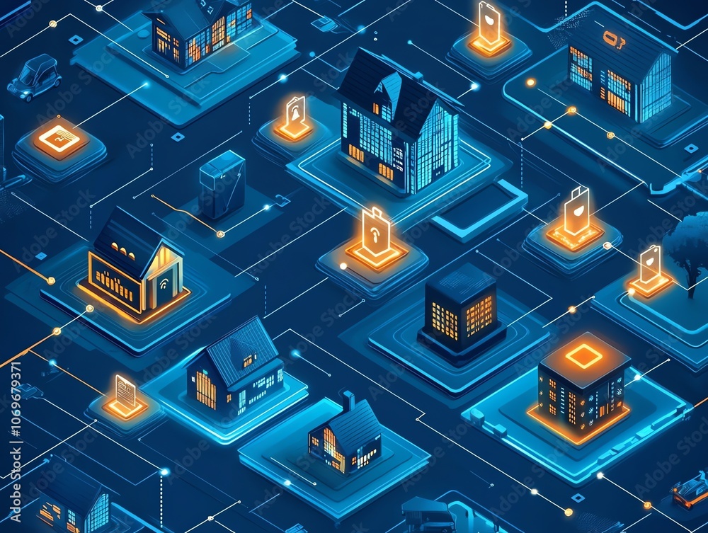 Poster Isometric illustration of a smart city with houses connected by lines representing network and data.