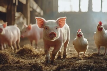 Pigs are walking on the farm, with chickens walking beside them , Generative AI