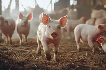 Pigs are walking on the farm, with chickens walking beside them , Generative AI
