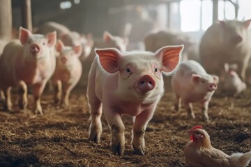 Pigs are walking on the farm, with chickens walking beside them , Generative AI