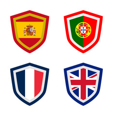 vector set of shield icon badge - flag nation (spain, portugal, france, united kingdom)
