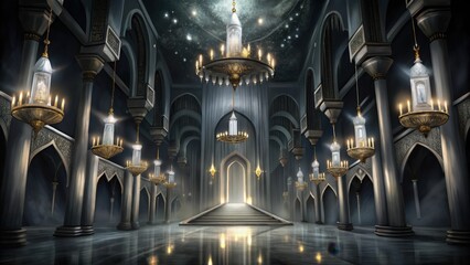 Fototapeta premium A grand, ornate hall with a starry ceiling, a staircase leading to a glowing doorway, and many chandeliers.