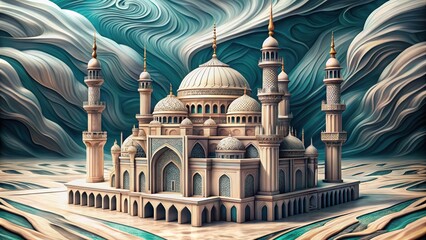 A Majestic Mosque with Intricate Details, Surrounded by Swirling Abstract Patterns