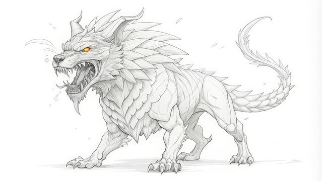 recommend clip art: A Detailed Line Drawing of a Ferocious, Spiked, White Wolf-Like Creature
