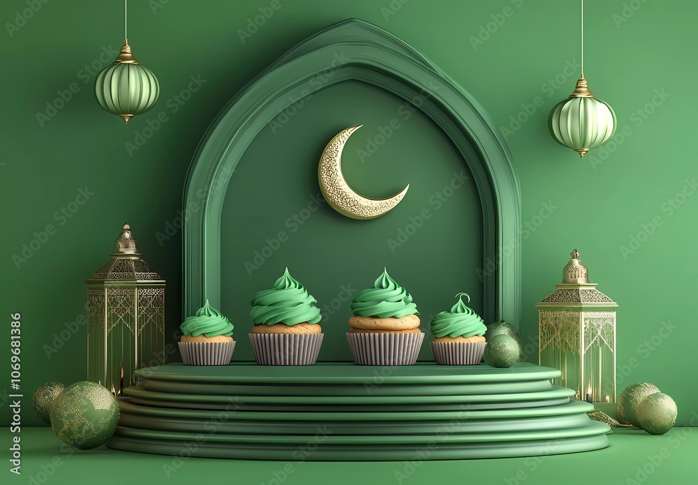 Fototapete 3d rendering of a ramadan islamic background design with mini cupcakes, lanterns, and a crescent moo